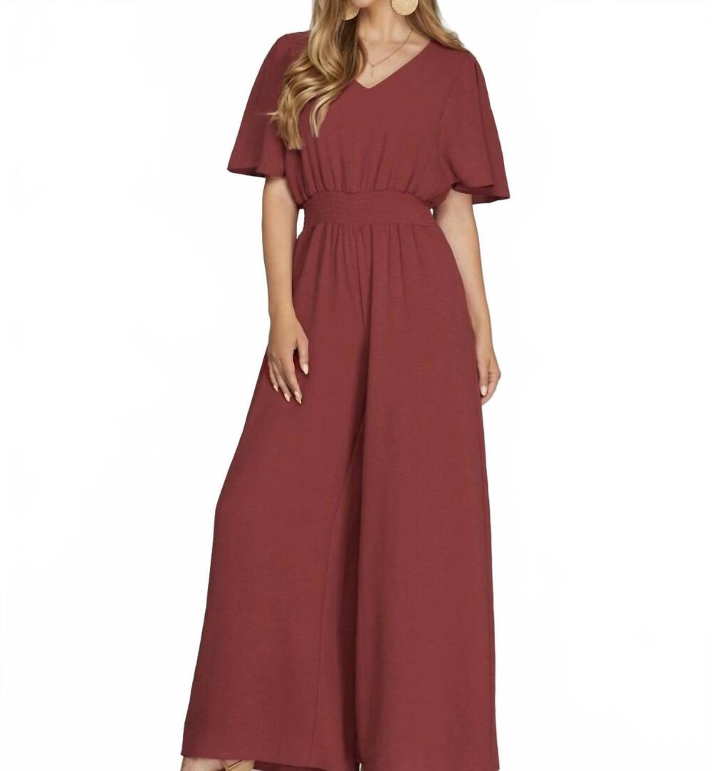 NEW SHE + SKY wide leg jumpsuit in red brick